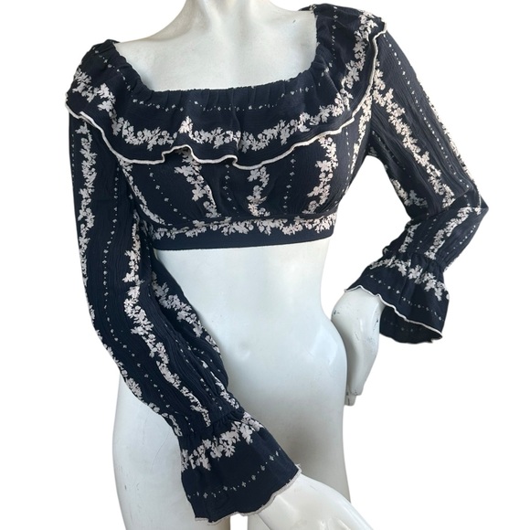 Free People "Lolita" Navy Blue & White Floral Long Sleeve Crop Top Blouse XS - Picture 1 of 8